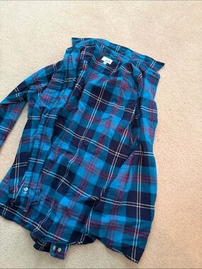 Sonoma Blue Plaid Button-Down Shirt with Red Accents